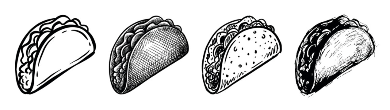 Four hand-drawn tacos in various artistic styles, showcasing a collection of graphic illustrations from simple line art to detailed cross-hatching and rough sketches