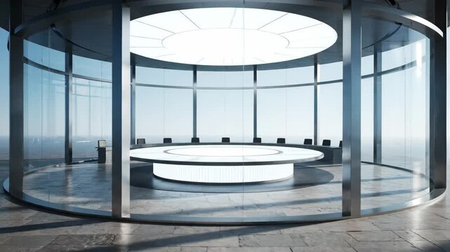 Modern circular conference room with panoramic city views and illuminated central table.