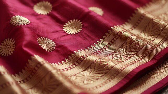 Luxurious bright pink silk fabric with intricate traditional golden zari embroidery, showcasing opulence and textile artistry