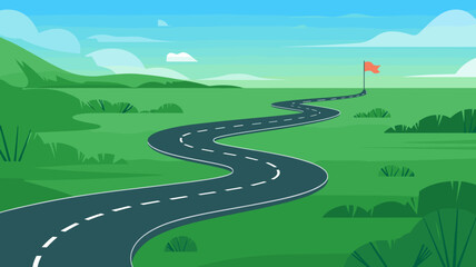 Winding Road Leading to a Red Flag Representing Goals, Direction, and Success