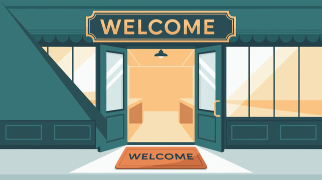 Open storefront entrance with welcoming sign and door mat, symbolizing customer welcome and business opening