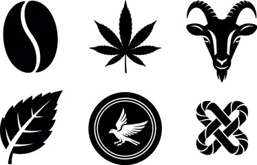 Black and white symbols representing cannabis culture and nature motifs