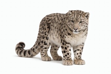 Obraz premium Snow leopard standing photorealistic isolated on white background, relaxed neutral pose big cat wildlife