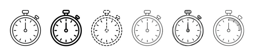 Set of six black stopwatch icons in various line art styles including bold, dashed, dotted, and hand-drawn sketch for representing time measurement and deadlines