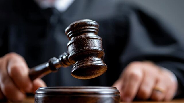 Judge gavel striking wooden block, caucasian judge in black robe delivering decisive verdict in courtroom; close-up on hand, polished mallet, echoing authority,
