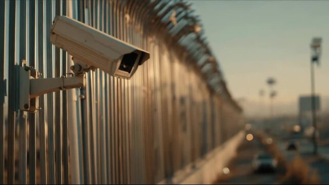 Security camera mounted on fence in urban environment during sunset  