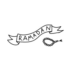 Obraz premium Hand Drawn Ramadan Banner and Prayer Beads, Black and White Doodles Vector, Islamic Tasbih and Ribbon Illustration for Coloring Book or Bullet Journal, Ramadan 2026 Design Element