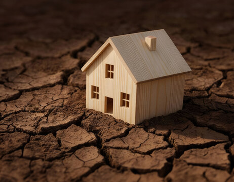 Maison sur un terrain craquel&eacute;, concept de retrait et gonflement des argiles, catastrophe naturelle