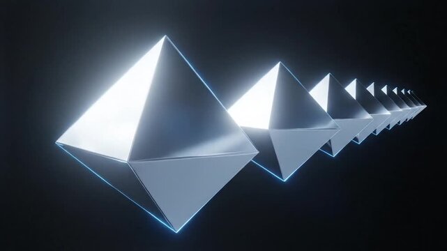 Abstract row of glowing neon pyramids on a dark background, showcasing futuristic geometric design