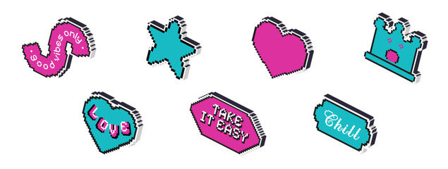 Fototapeta premium Set of retro pixel art stickers. Trendy blue and pink isometric badges for adding a playful, nostalgic vibe to digital projects, social media, games etc.