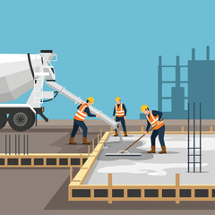 Skilled construction workers pouring and leveling wet concrete on a new building foundation, illustrating teamwork and progress in a bustling urban development site
