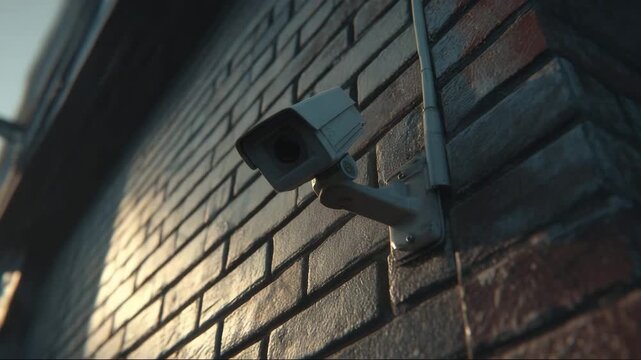 Security camera mounted on a brick wall in urban setting  