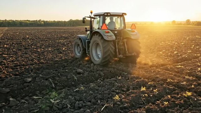 Farmer driving a green tractor on a large plowed field during golden hour. Agricultural farming in springtime for land preparation.