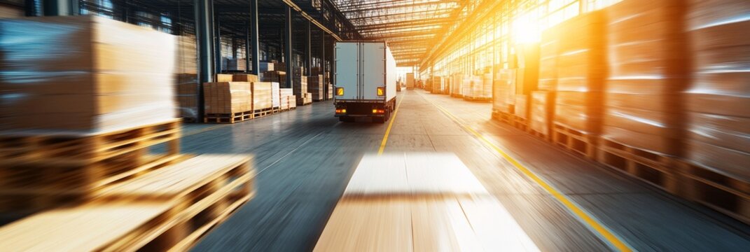 Freight truck with parcels on pallets ready for shipping at a logistics warehouse during sunset