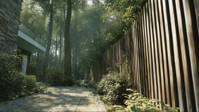 Serene garden path surrounded by lush greenery and wooden fence  