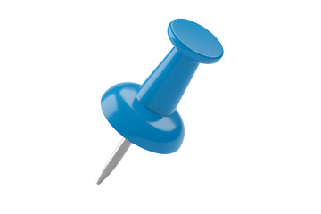 Blue push pin in isolated white background with sharp tip for office supplies