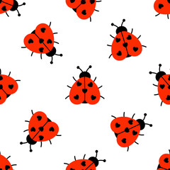 Seamless pattern with cute ladybug with heart shaped spots on white background. Love bug background for romantic design. Flat vector illustration. © Nataliia Vyshnytska
