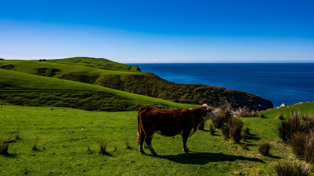 Cattle Grazing on Coastal Hillside, Akaroa New Zealand