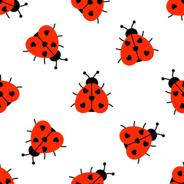 Seamless pattern with cute ladybug with heart shaped spots on white background. Love bug background for romantic design. Flat vector illustration.