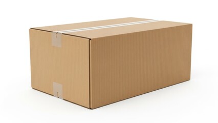 A large brown cardboard box with white shipping labels on a white background.