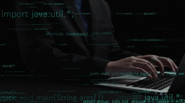 Close-up view of hands typing on a laptop with glowing Java code on a dark background, representing the concept of programming and software development in modern technology. Xenic