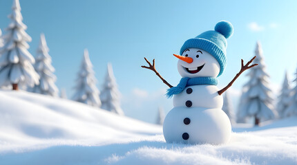 Obraz premium A cheerful snowman with a blue hat and scarf stands in a snowy landscape, surrounded by tall evergreen trees under a blue sky.
