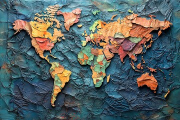 Paper textured world map showing fractured global landscape image