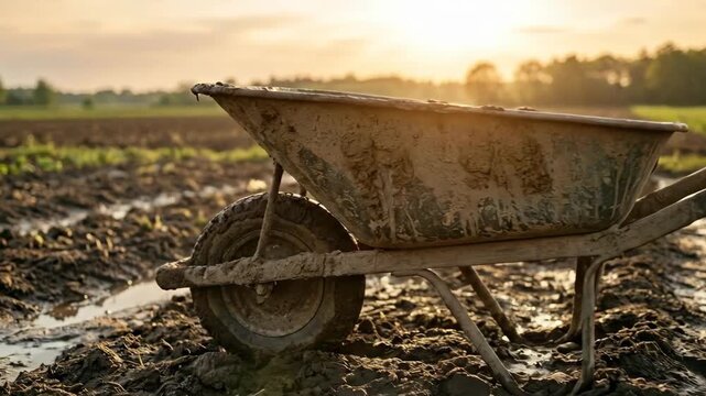 Old muddy wheelbarrow standing in a wet field at sunset, concept of spring farming and garden work