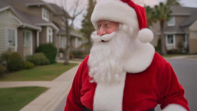 Santa Claus strolling in a neighborhood, spreading holiday cheer and goodwill 