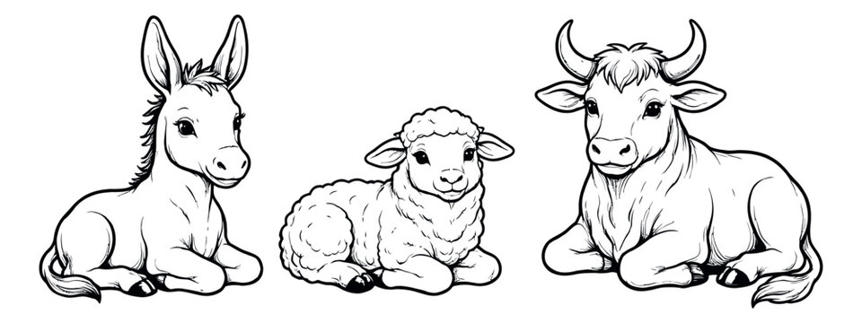Hand drawn line art animal set featuring a donkey, lamb, and ox for Christmas nativity scenes