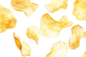Naklejka premium Watercolor illustration of potato chips in motion showing a flat lay with yellow tones on a white background