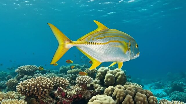 Bright yellowtail snapper fish swimming gracefully in a vibrant tropical coral reef under clear blue ocean water.