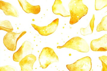 Naklejka premium Watercolor illustration of potato chips in motion on a white background with bright colors and simple design