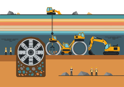 Underground Tunnel Construction with Tunnel Boring Machine and Excavators