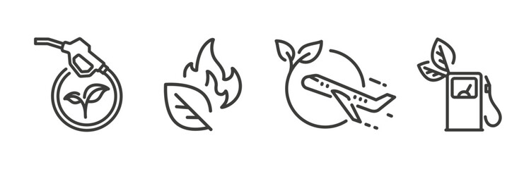 Obraz premium eco fuel icons, bio fuel pump station, sustainable aviation fuel, leaf with fire, ecological fuel, linear icon 