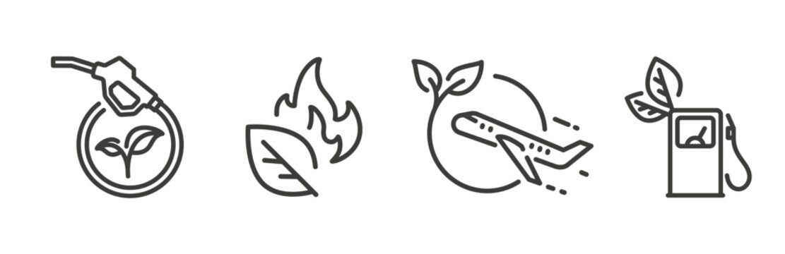 eco fuel icons, bio fuel pump station, sustainable aviation fuel, leaf with fire, ecological fuel, linear icon 