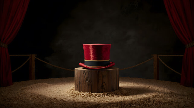 Red velvet top hat resting on a wooden stump in the center of a circus arena with red curtains and a spotlight. Magic show and entertainment performance concept.
