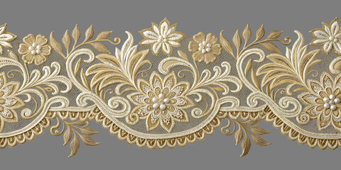 Elegant golden lace border with intricate floral design, transparent background