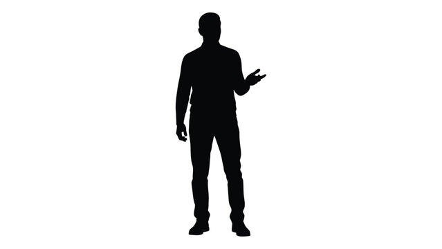 A black silhouette of a man gesturing with his hand presenting or explaining