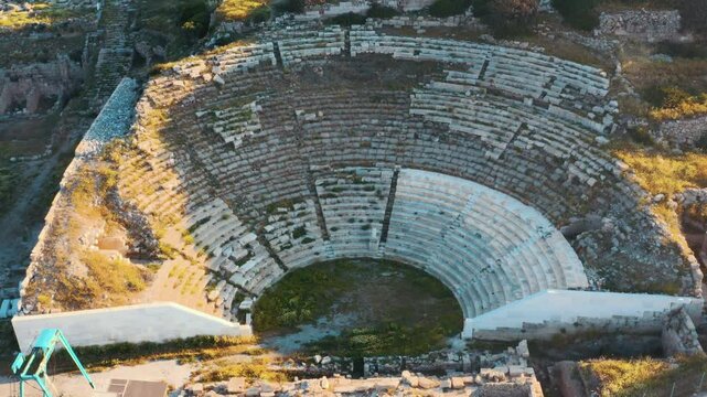 Drone shot of the historic stone theater at the archaeological site of Knidos