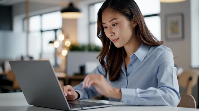 Asian businesswoman observing vital digital information from an artificial intelligence algorithm, gently touching her chin while contemplating its implications in a sleek modern office.
