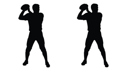 Fototapeta premium Two silhouettes of athletes preparing to throw a football side by side
