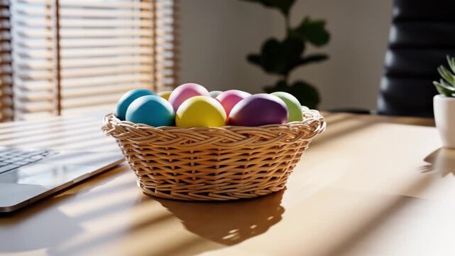 A wicker basket filled with colorful Easter eggs sits on a wooden desk next to a laptop. Bright sunlight creates shadows. Ideal for holiday business greetings and office celebration themes.