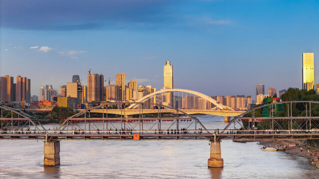 Lanzhou City Skyline and Yellow River Bridges at Golden Hour