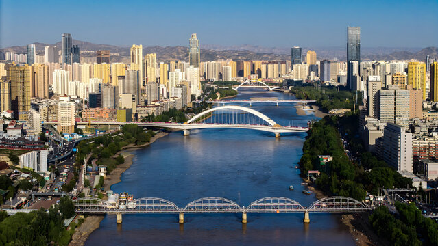 Lanzhou City Skyline with Yellow River Bridges and Modern Architecture