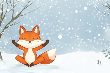 Fototapeta premium Cute cartoon fox showing yoga tree pose in snow during winter with space for kids wellness banner