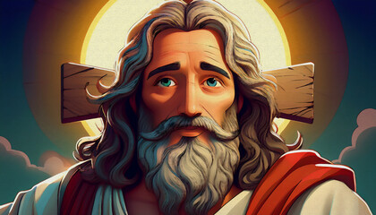 jesus on the cross cartoon character illustration oil painting style 