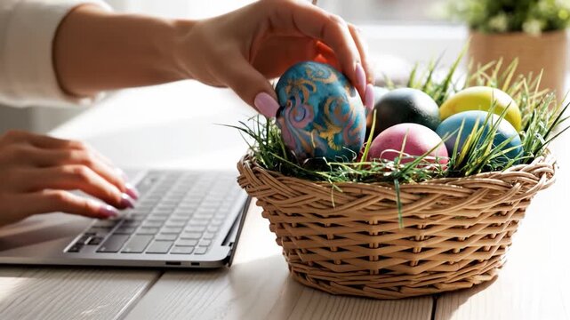 Person typing on laptop near a basket of colorful Easter eggs. Blending work and holiday celebration in a bright home office. Perfect for remote work or holiday marketing content.