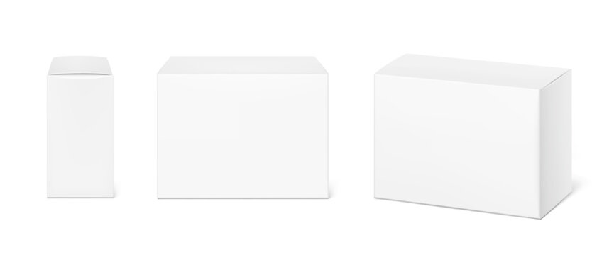 Realistic closed cardboard box mockup. Vector illustration isolated on white background. Taking your 2D designs into 3D. Can be use for medicine, food, cosmetic and other. EPS10.