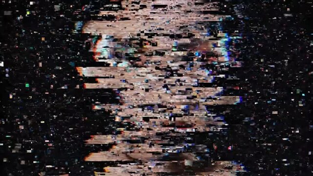 woman&rsquo;s face with digital glitch effects on black background